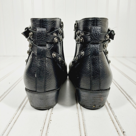 Halogen Black Leather Buckle Studded Strap Slip On Ankle Boots I601 - Picture 6 of 11